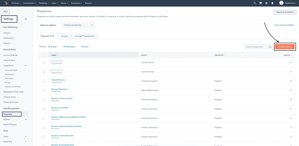HubSpot create property