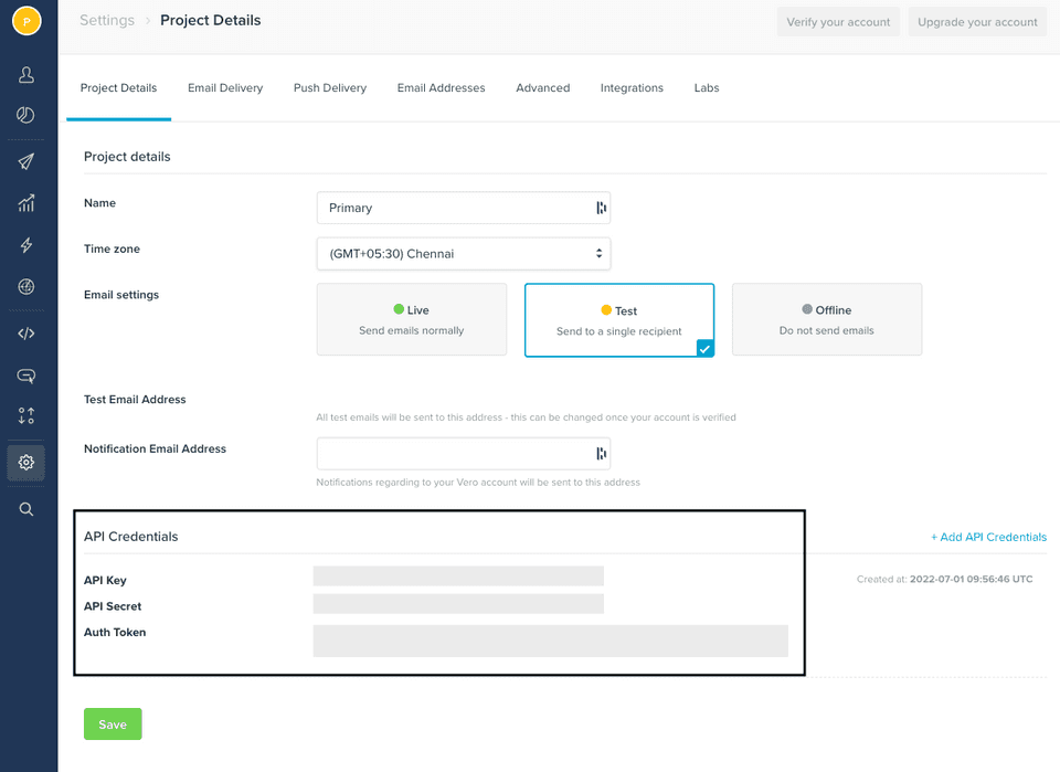 Vero auth token and api key