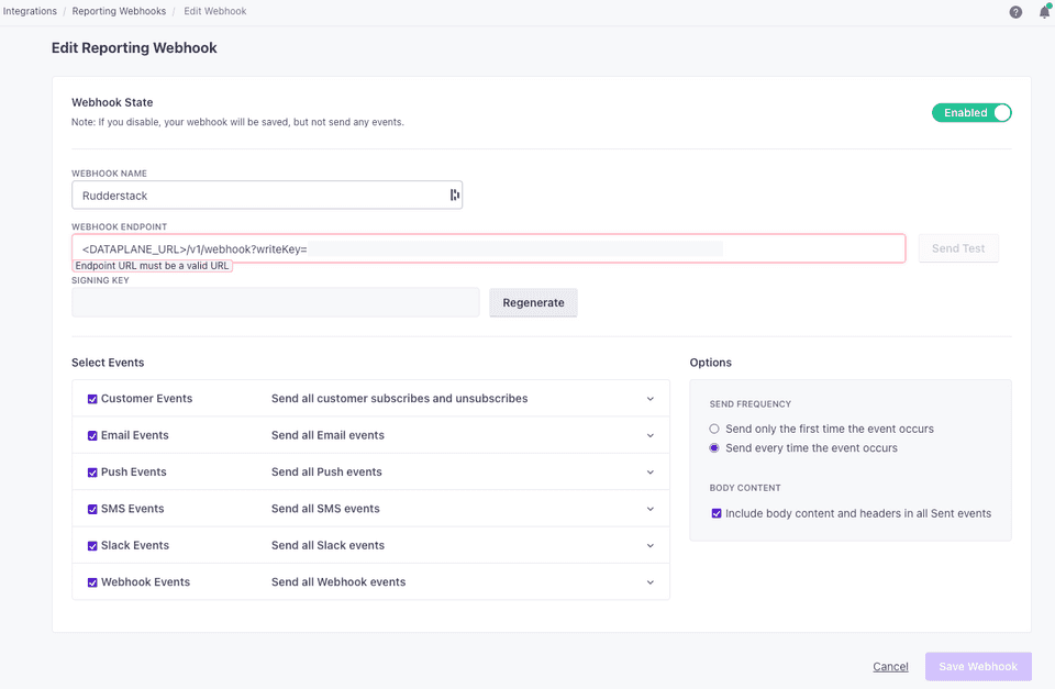 Customer.io event settings