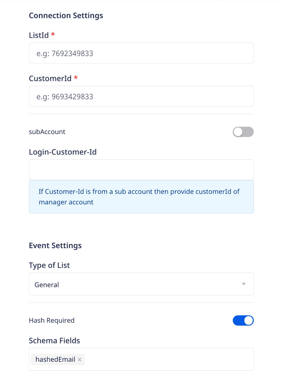 Google Adwords Remarketing Lists (Customer Match) connection settings